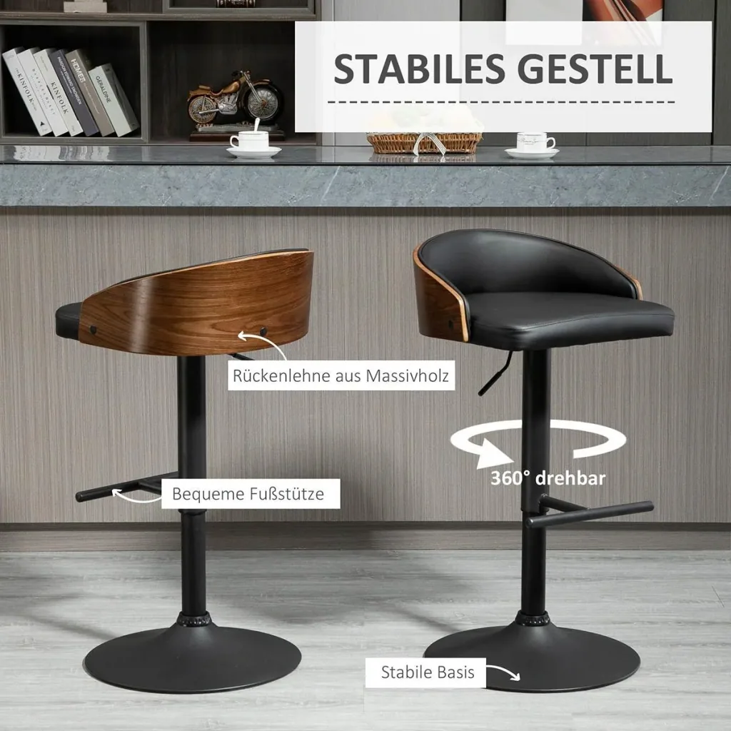 Set of 2 bar stools, swivel bar chairs with footrest, bar chair height adjustable, kitchen chairs, swivel chairs, faux leather, wood