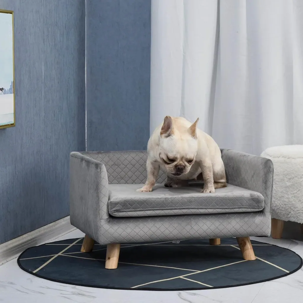 Dog sofa with wooden legs, dog bed, pet sofa, dog mat for small dogs up to 11.25 kg, velvet touch, grey, 64 x 45 x 36