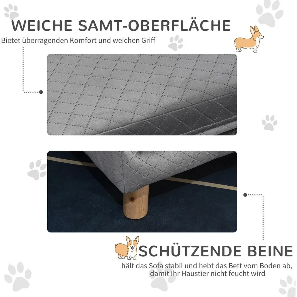 Dog sofa with wooden legs, dog bed, pet sofa, dog mat for small dogs up to 11.25 kg, velvet touch, grey, 64 x 45 x 36
