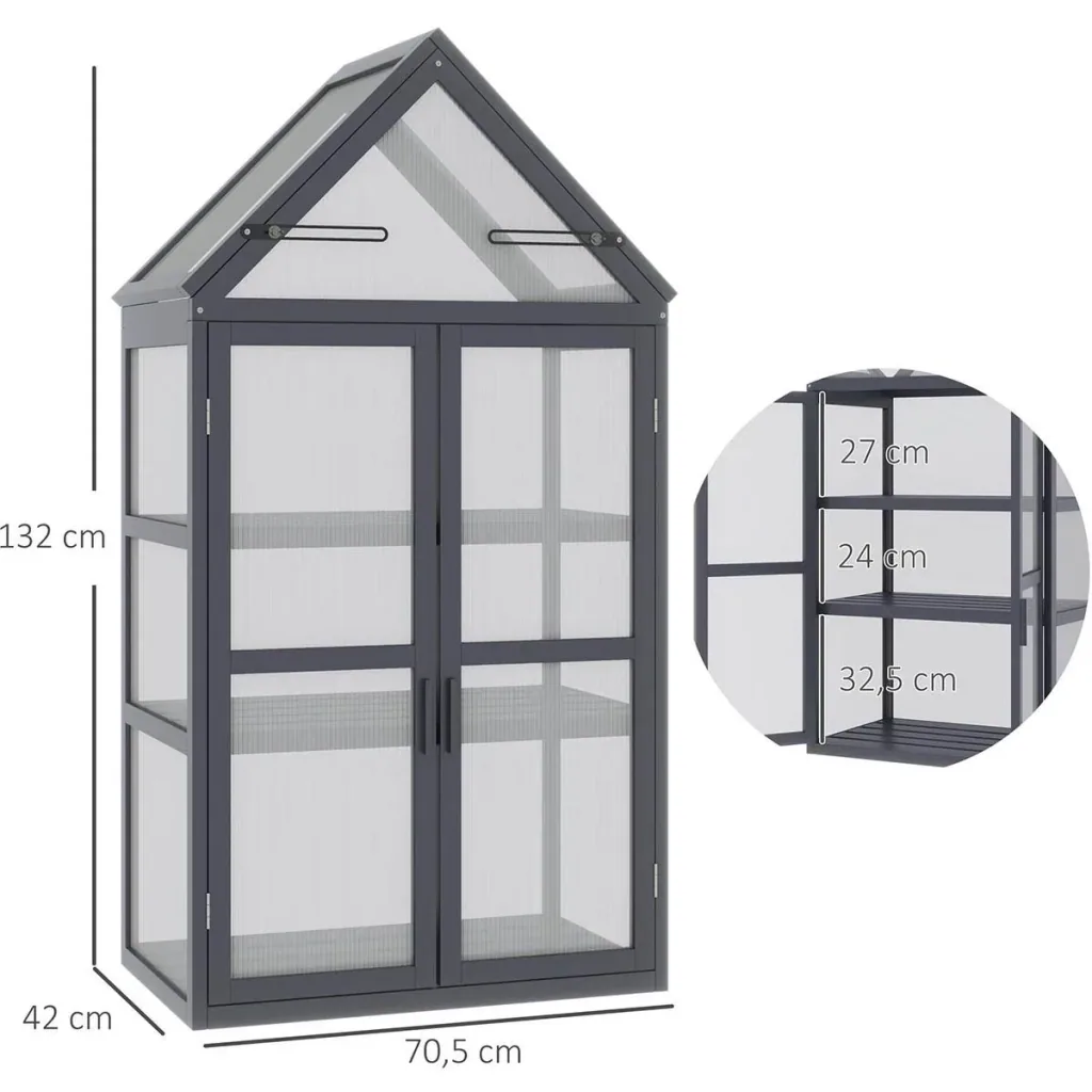 Greenhouse with 3 levels, solid wood, polycarbonate casing, grey, 70.5 x 42 x 132 cm