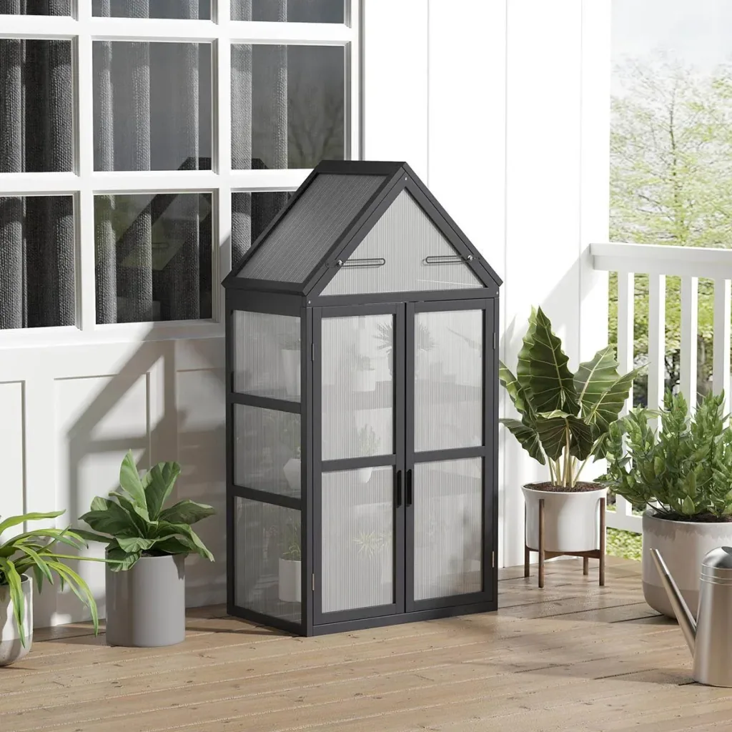 Greenhouse with 3 levels, solid wood, polycarbonate casing, grey, 70.5 x 42 x 132 cm