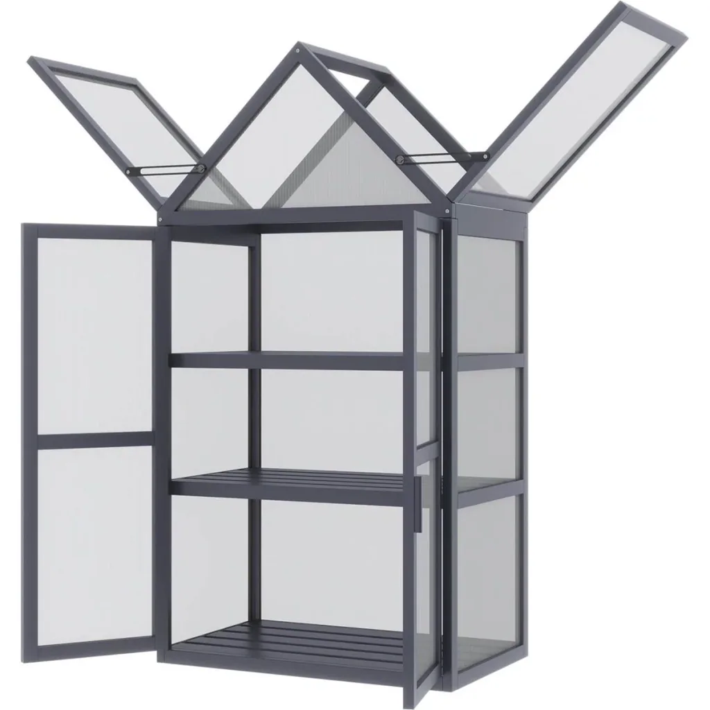 Greenhouse with 3 levels, solid wood, polycarbonate casing, grey, 70.5 x 42 x 132 cm
