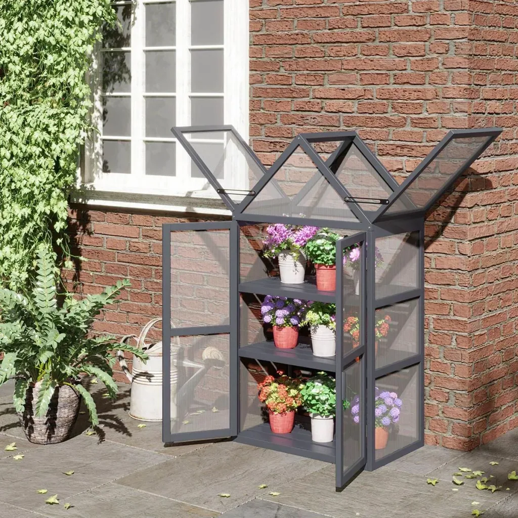 Greenhouse with 3 levels, solid wood, polycarbonate casing, grey, 70.5 x 42 x 132 cm