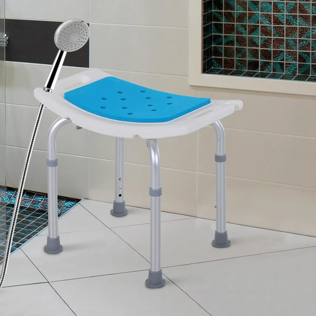 Shower chair bath stool 6-level adjustable bath chair shower seat bathing aid aluminum alloy PE EVA blue+white+silver 52