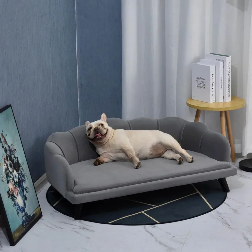 Dog sofa with backrest, pet sofa with wooden legs, dog bed with soft cover, cat sofa, dark grey 98.5 x 60.5 x 35.5 cm