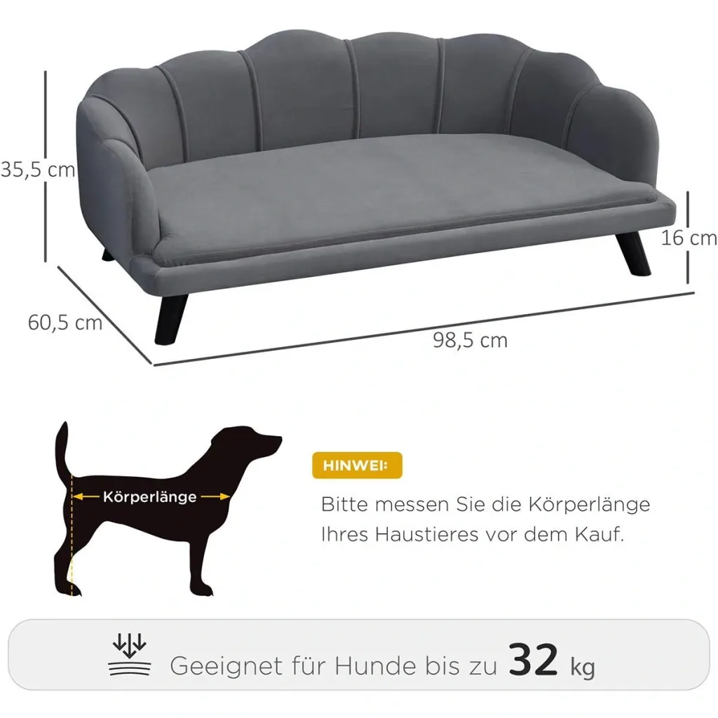 Dog sofa with backrest, pet sofa with wooden legs, dog bed with soft cover, cat sofa, dark grey 98.5 x 60.5 x 35.5 cm