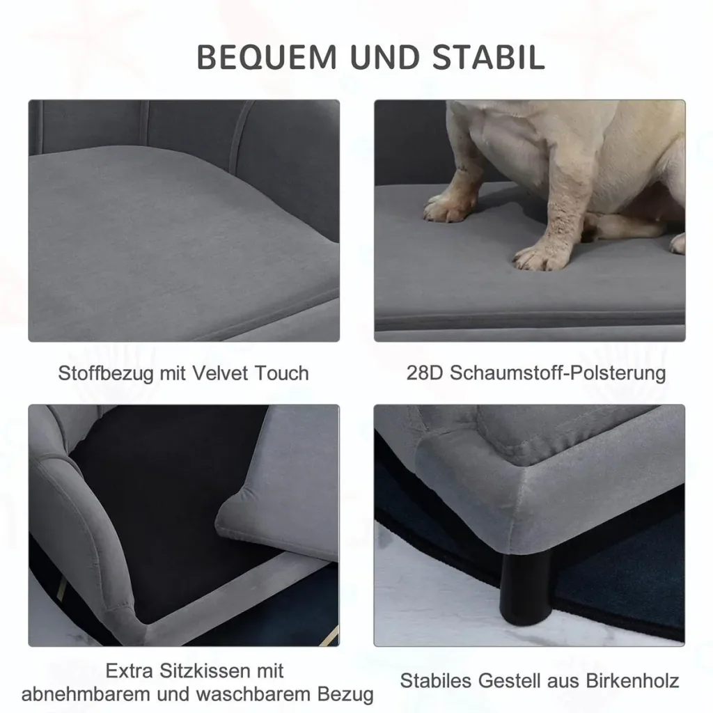 Dog sofa with backrest, pet sofa with wooden legs, dog bed with soft cover, cat sofa, dark grey 98.5 x 60.5 x 35.5 cm