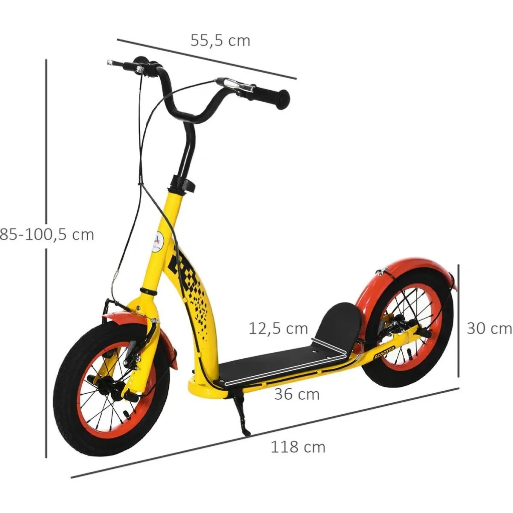 Children's scooter with 12'' pneumatic tires from 5 years black/yellow 118 x 55.5 x 85-100.5 cm
