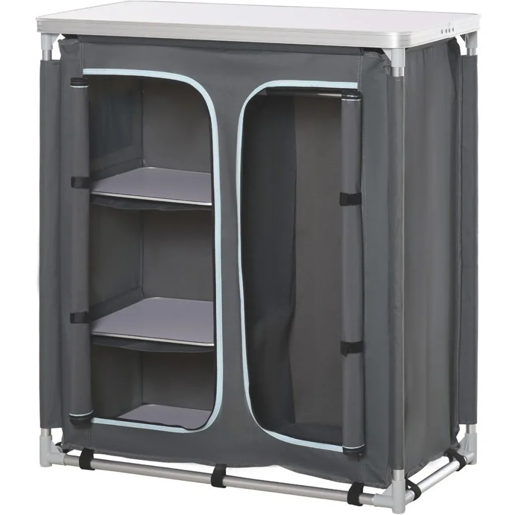 2-in-1 camping table with worktop and compartments, grey