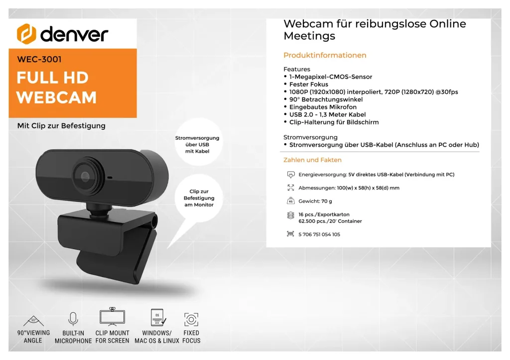 Webcam with 1 megapixel sensor, built-in microphone and monitor clip