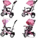 Children's tricycle - Pink - push bar, folding roof, folding footrest, basket