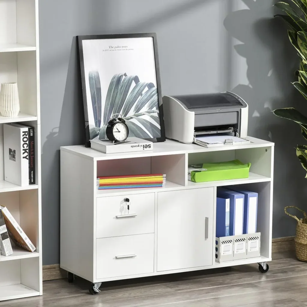 Office container with wheels, filing cabinet, office cabinet, printer table with 2 drawers, file storage, chipboard,