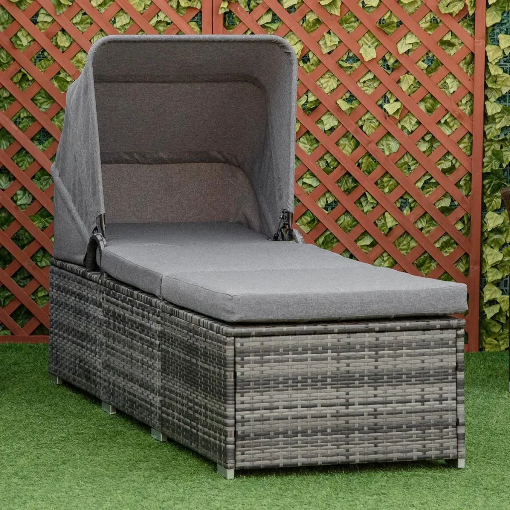 Sun lounger made of polyrattan with sunroof, adjustable garden lounger, rattan lounger, garden furniture, lounger with cushion, grey 195 x 65