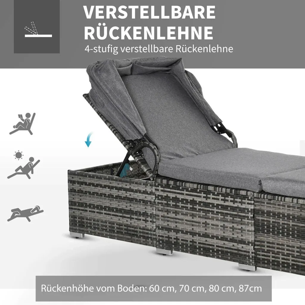 Sun lounger made of polyrattan with sunroof, adjustable garden lounger, rattan lounger, garden furniture, lounger with cushion, grey 195 x 65