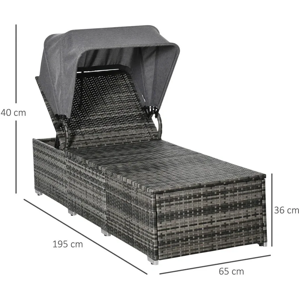 Sun lounger made of polyrattan with sunroof, adjustable garden lounger, rattan lounger, garden furniture, lounger with cushion, grey 195 x 65
