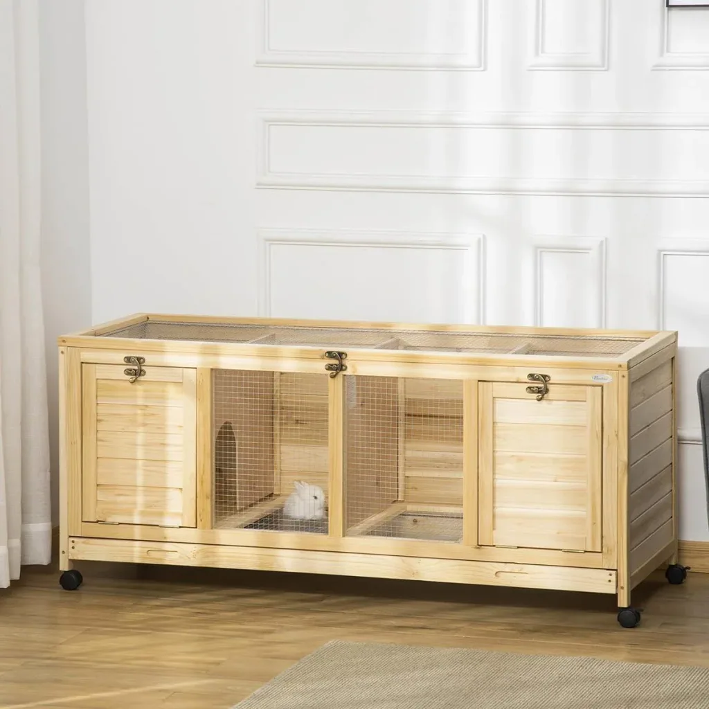 Rabbit hutch including partition wall 4 wheels spruce wood metal natural
