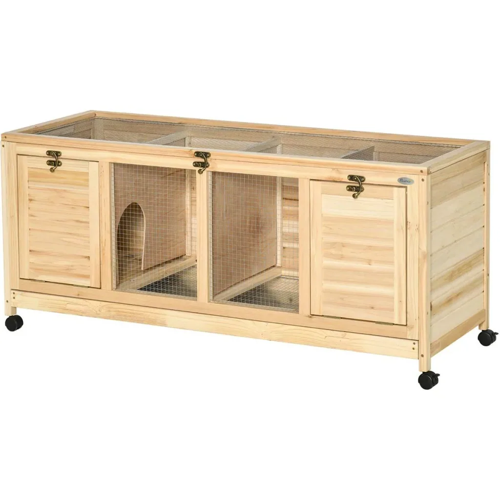 Rabbit hutch including partition wall 4 wheels spruce wood metal natural