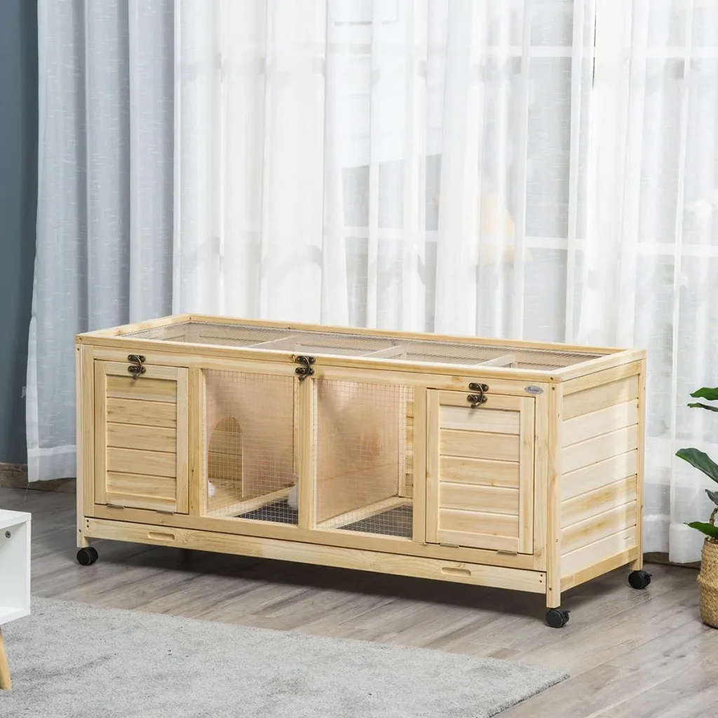 Rabbit hutch including partition wall 4 wheels spruce wood metal natural