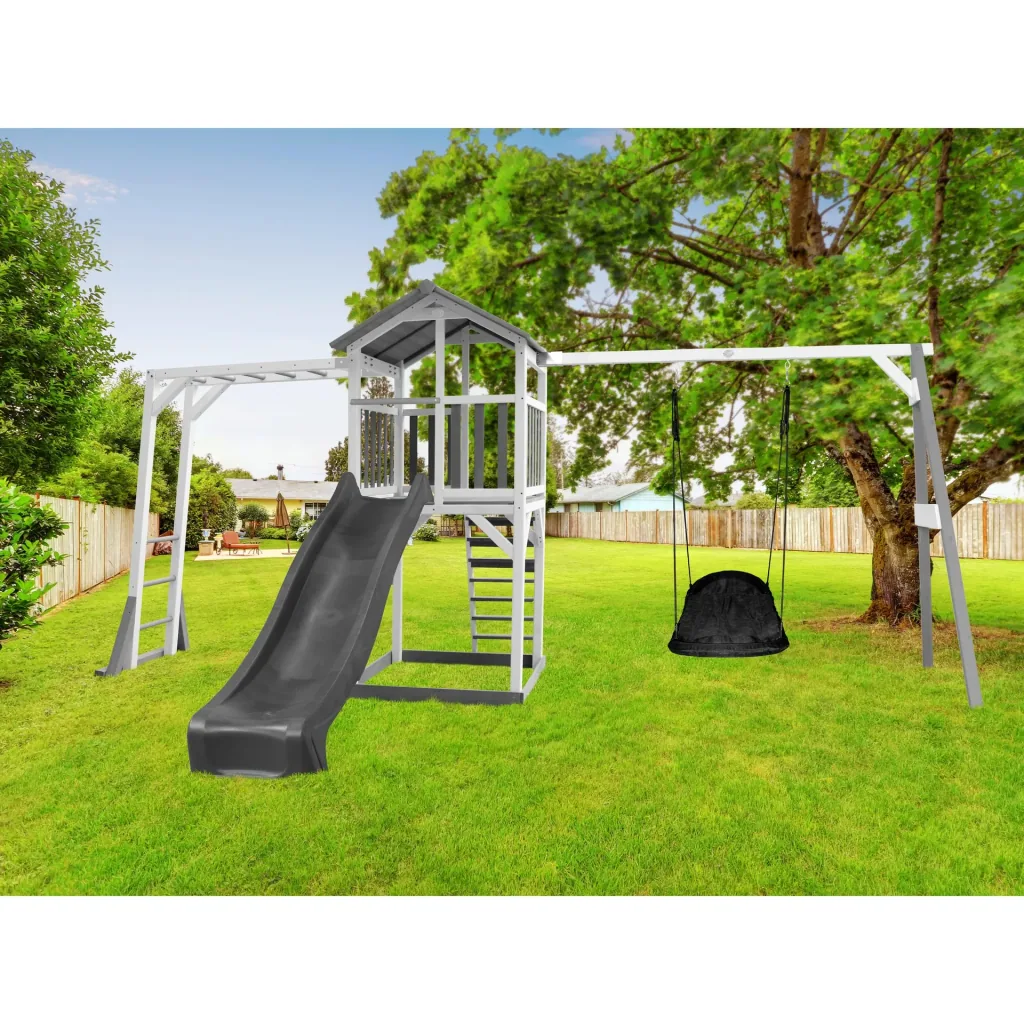 Beach Tower play tower with climbing frame and Roxy nest swing - grey slide