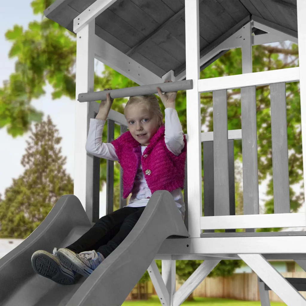 Beach Tower play tower with climbing frame and Roxy nest swing - grey slide