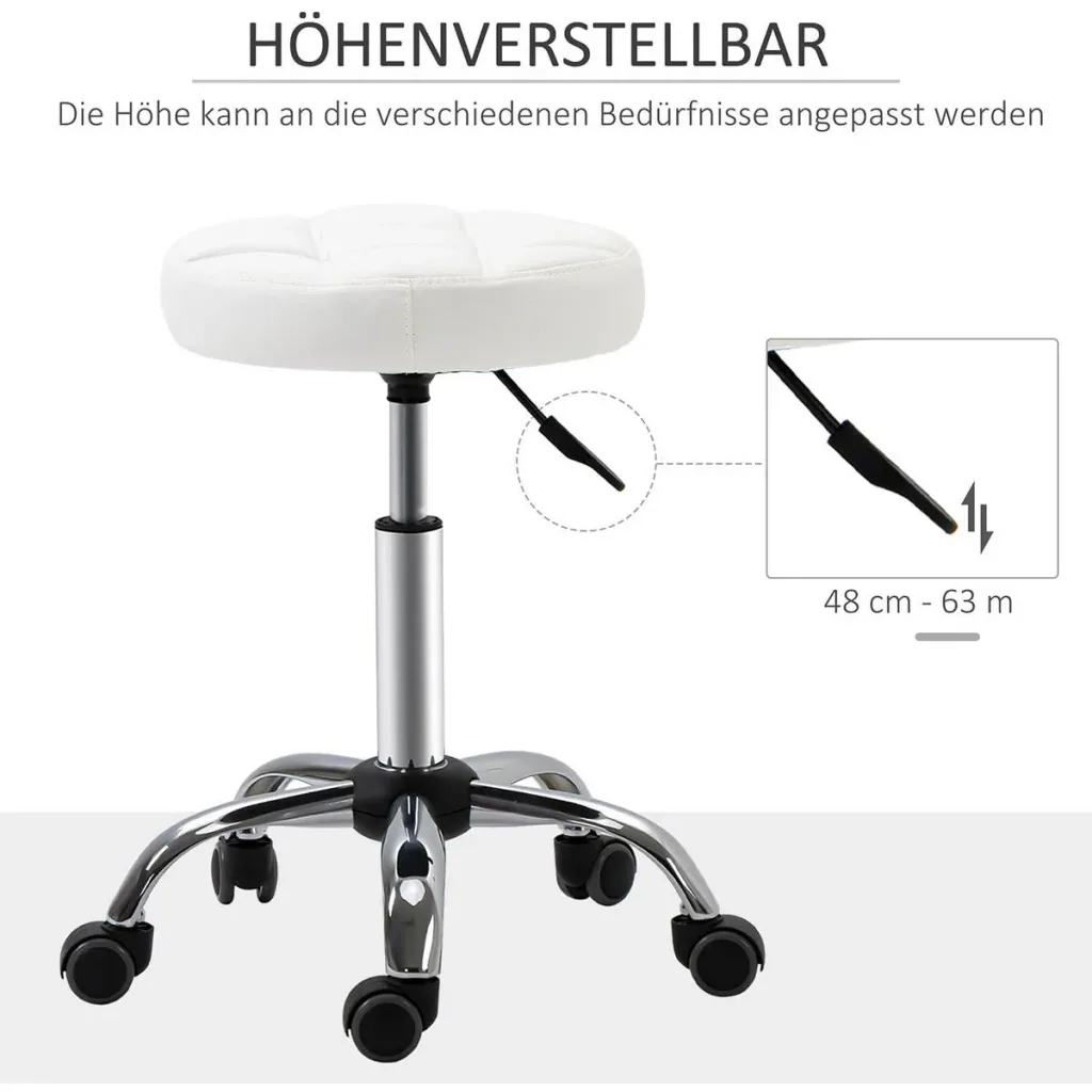 Set of 2 rolling stools, swivel stools with wheels, work stools, height adjustable, rotating salon stools, salon chairs, artificial leather, white