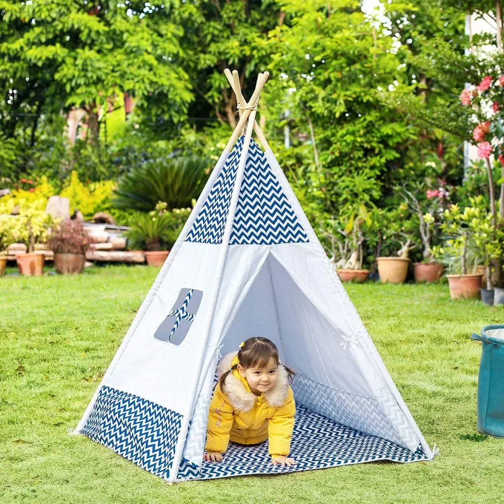 Tipi tent for children - incl. floor mat and pillow - blue/white - 120 x 120 x 155 cm