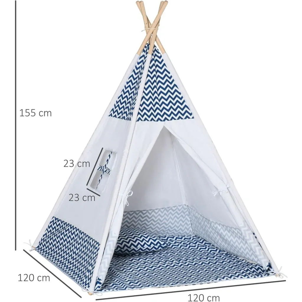 Tipi tent for children - incl. floor mat and pillow - blue/white - 120 x 120 x 155 cm