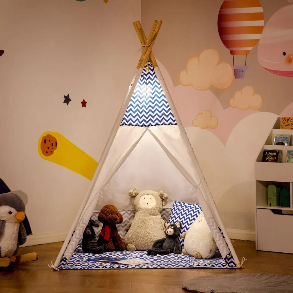 Tipi tent for children - incl. floor mat and pillow - blue/white - 120 x 120 x 155 cm