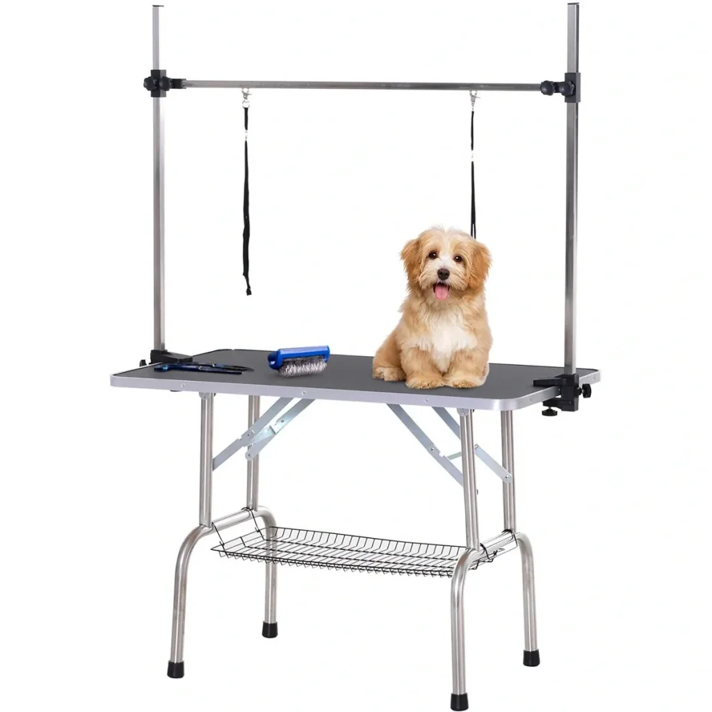 Grooming table, pet care table, shearing table with lower basket for dogs, height adjustable, foldable, stainless steel metal