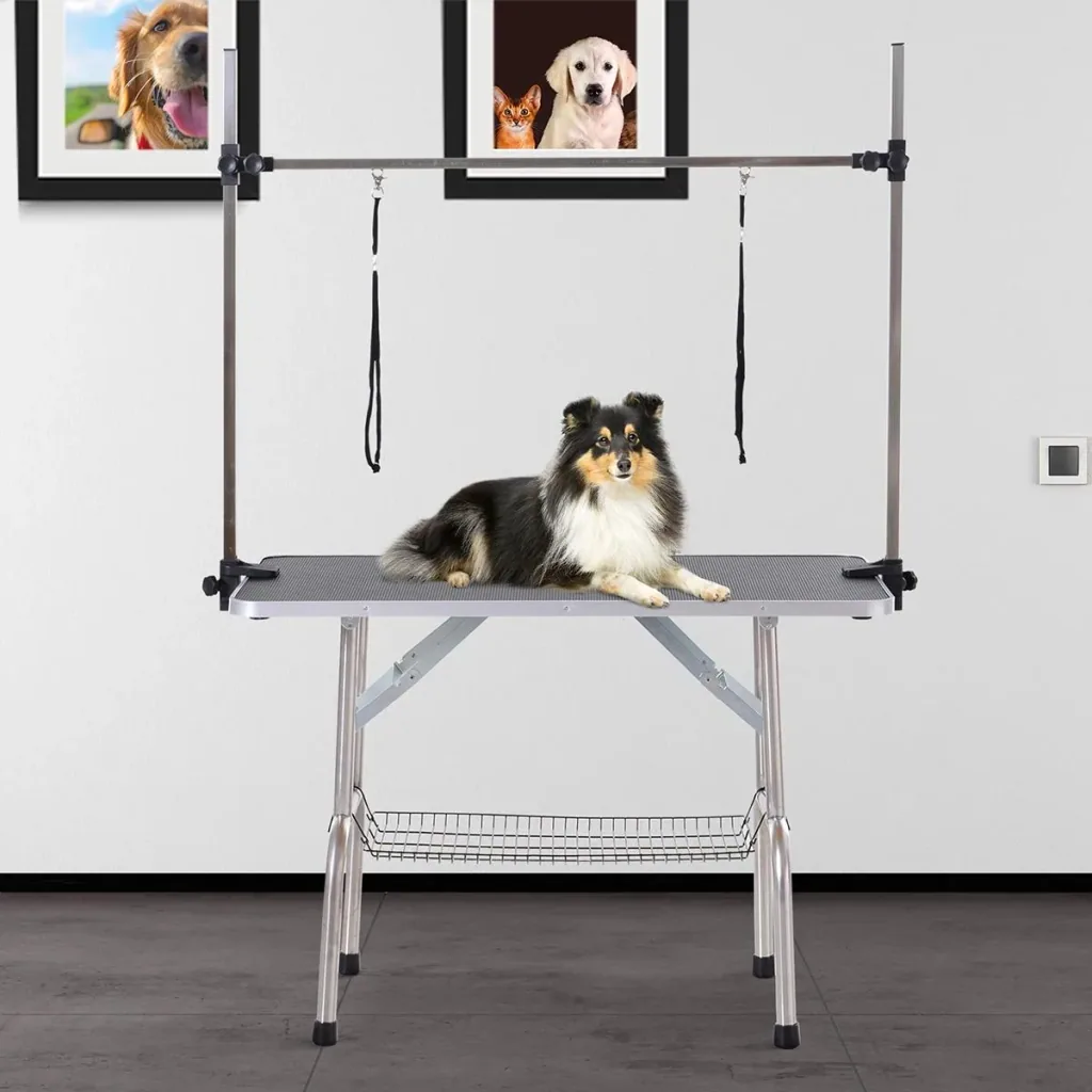 Grooming table, pet care table, shearing table with lower basket for dogs, height adjustable, foldable, stainless steel metal