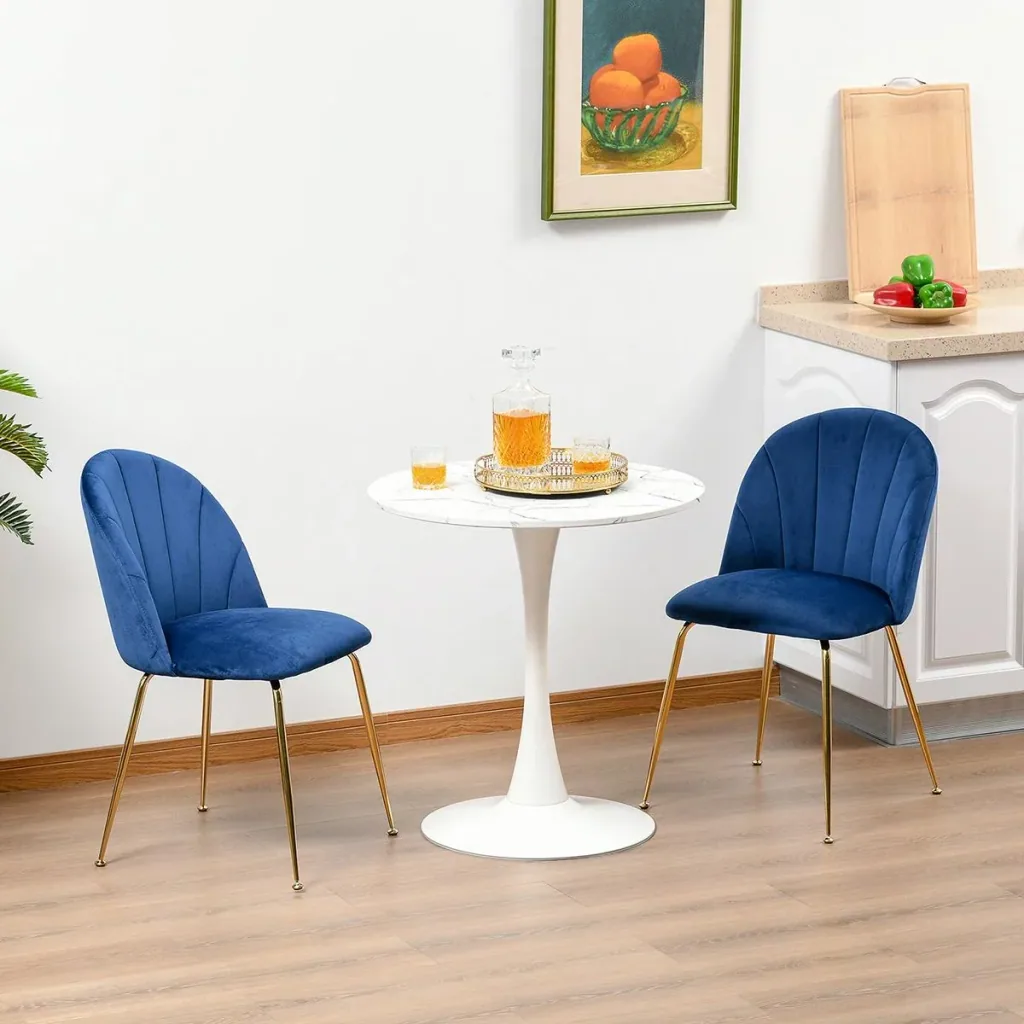 Set of 2 kitchen chairs dining room chairs with backrest polyester fabric metal legs blue+gold 52 x 52 x 81 cm kitchen chair