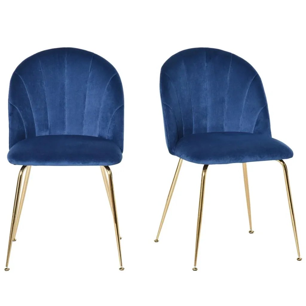Set of 2 kitchen chairs dining room chairs with backrest polyester fabric metal legs blue+gold 52 x 52 x 81 cm kitchen chair