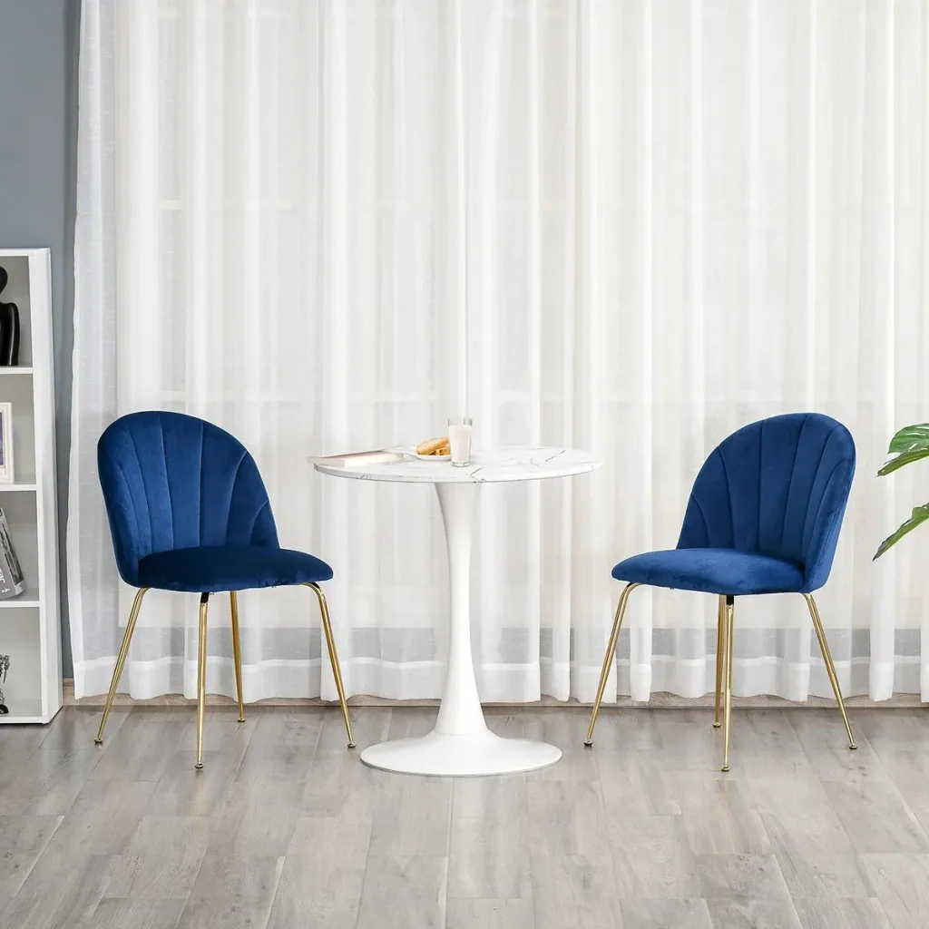 Set of 2 kitchen chairs dining room chairs with backrest polyester fabric metal legs blue+gold 52 x 52 x 81 cm kitchen chair