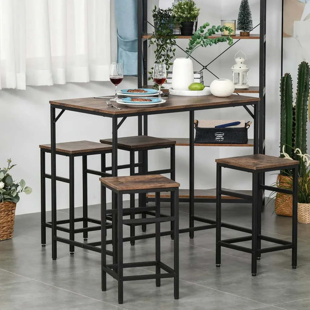 Bar table set high table with 4 bar stools 5-piece table set kitchen counter chipboard steel rustic brown+black 100 x