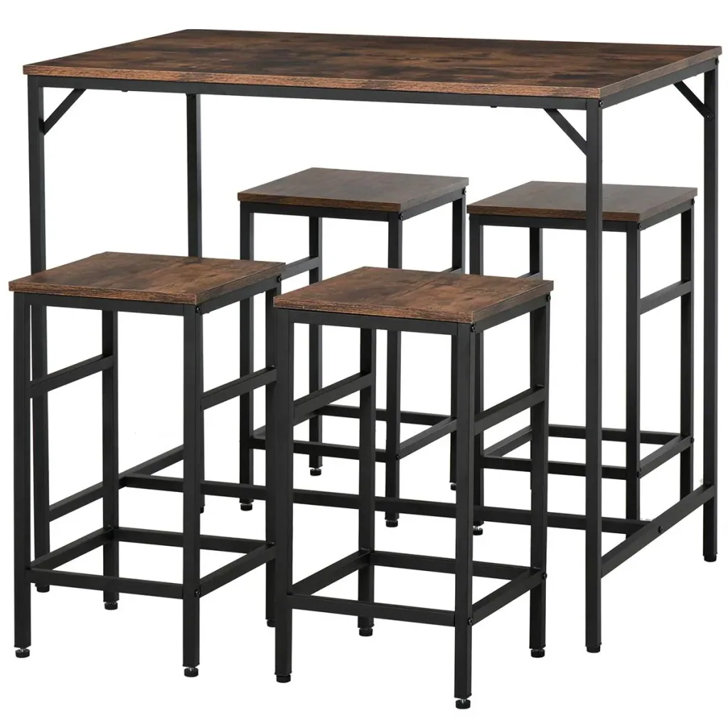 Bar table set high table with 4 bar stools 5-piece table set kitchen counter chipboard steel rustic brown+black 100 x