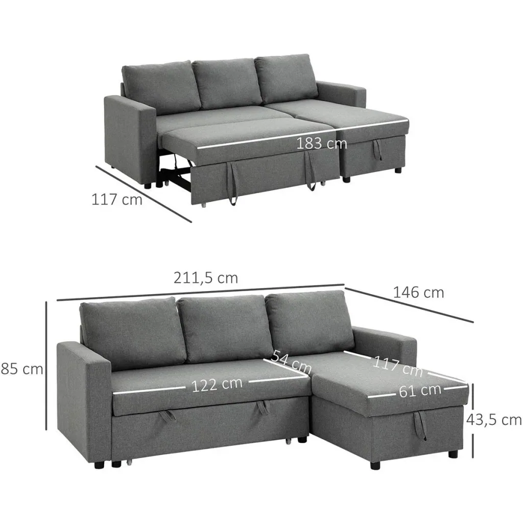Corner sofa with sleeping function, storage space, corner couch with bed box, chaise longue, sofa bed, fabric sofa, L-shape, linen touch, light grey