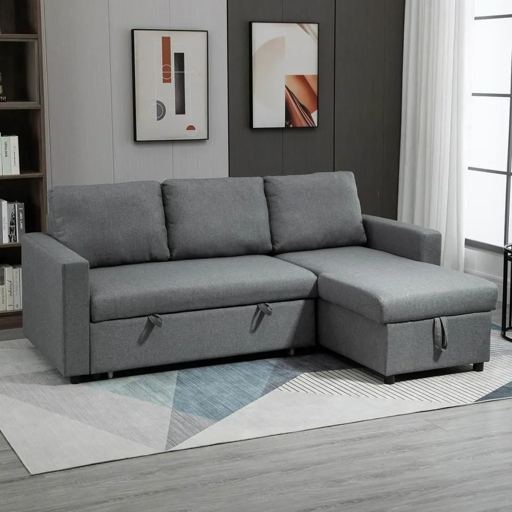 Corner sofa with sleeping function, storage space, corner couch with bed box, chaise longue, sofa bed, fabric sofa, L-shape, linen touch, light grey