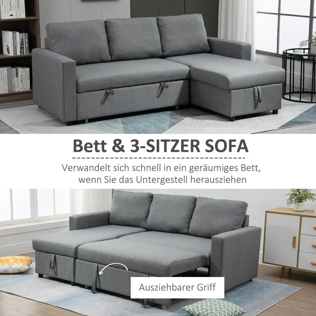 Corner sofa with sleeping function, storage space, corner couch with bed box, chaise longue, sofa bed, fabric sofa, L-shape, linen touch, light grey