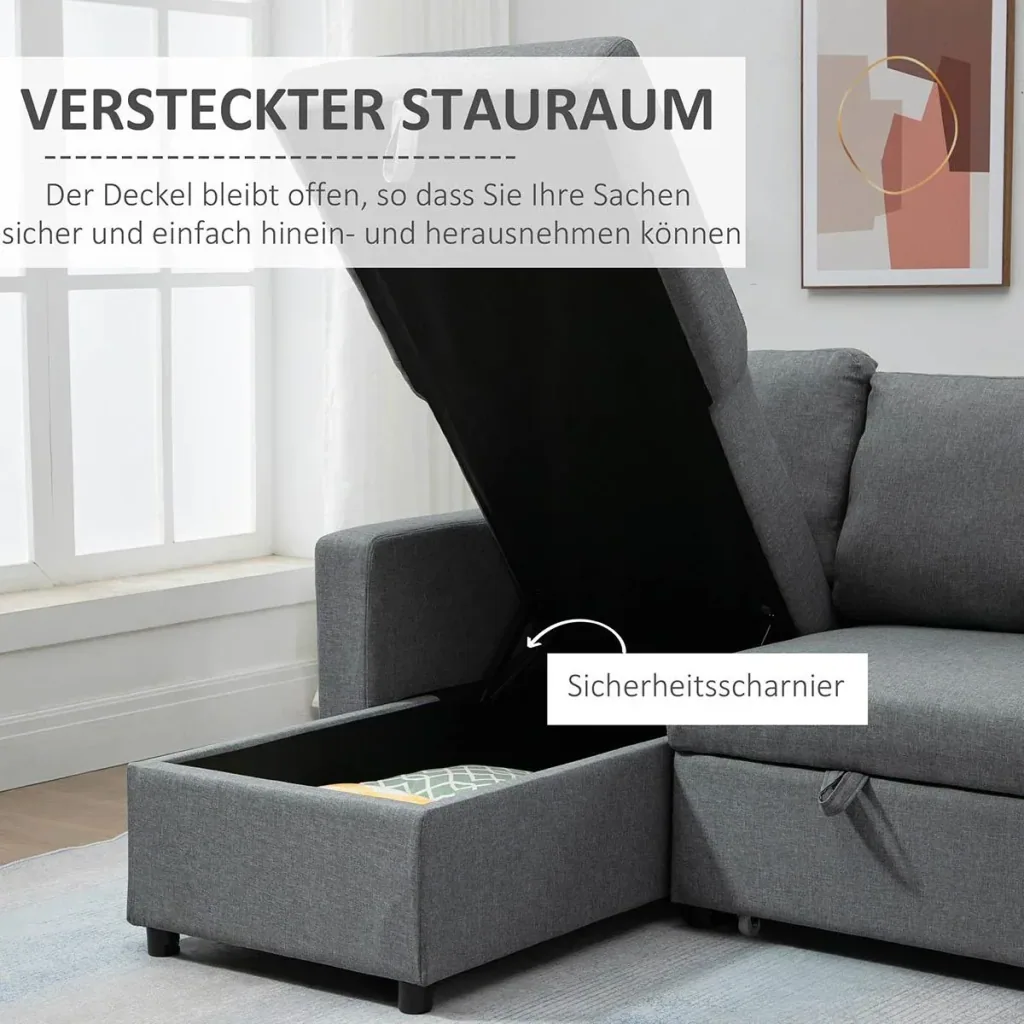 Corner sofa with sleeping function, storage space, corner couch with bed box, chaise longue, sofa bed, fabric sofa, L-shape, linen touch, light grey