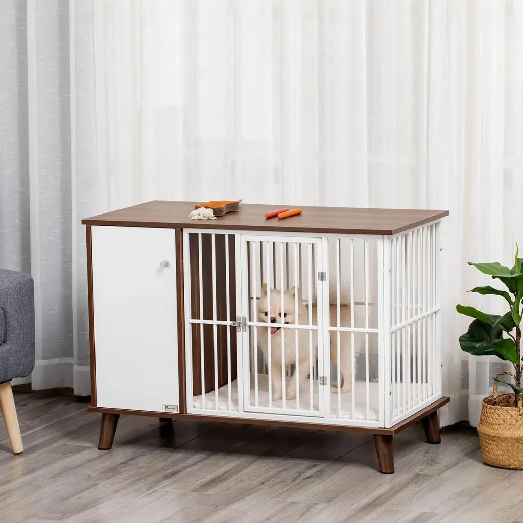 Wooden dog cage with cabinet cushion table surface raised design dog crate for medium small dogs indoor home