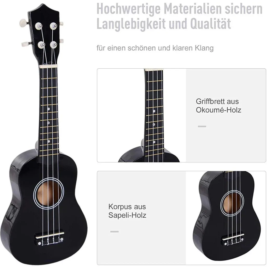 Ukulele string instrument beginner nylon strings birch wood black 53 x 17.5 x 6.2 cm