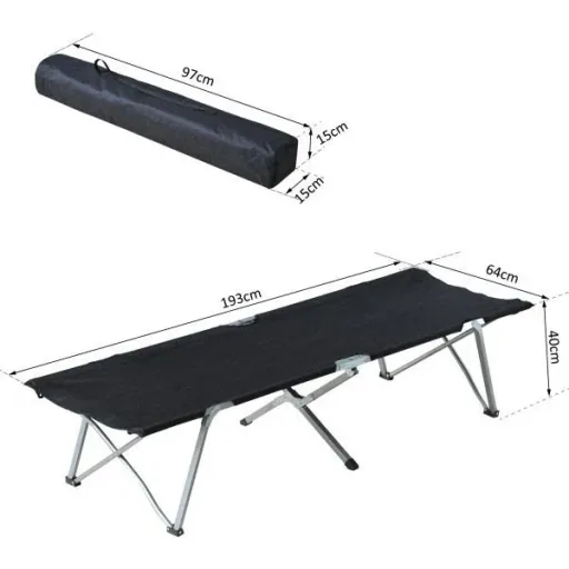 Camp bed, camping bed, lounger, folding bed with bag, black