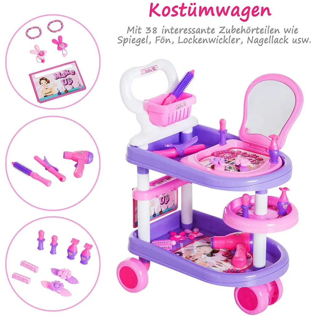 Children's Girls Dresser Trolley Cosmetic Cart Role Play Purple Pink