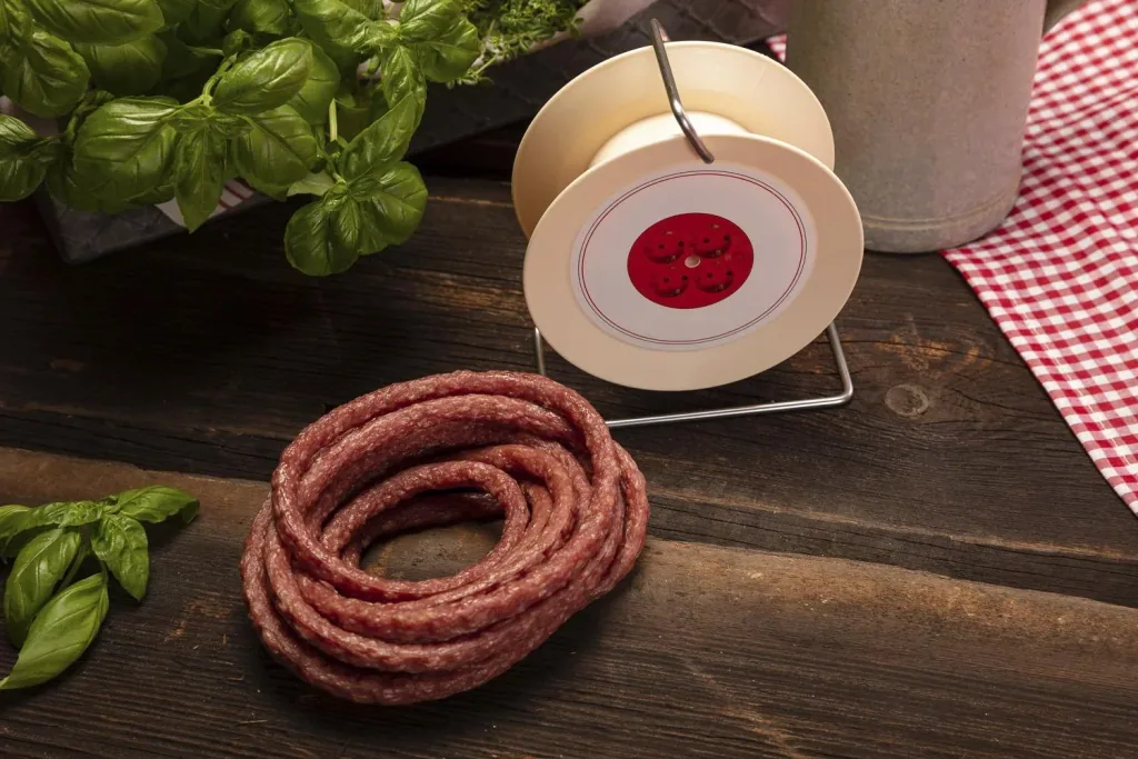 Snack sausage on cable drum