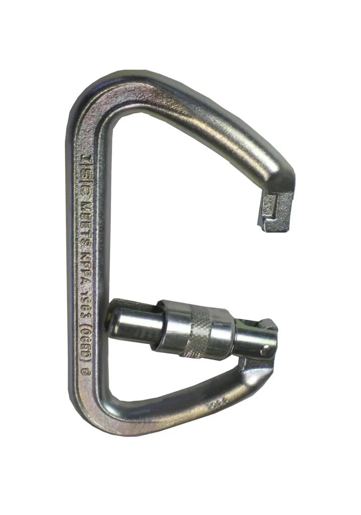 Locking carabiner made of steel, breaking load 70 kilonewtons (7140 kg)
