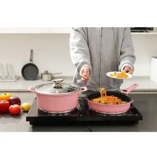 Cast aluminum cookware - 14 pieces, including lids and handles - Pink