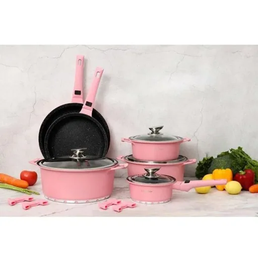 Cast aluminum cookware - 14 pieces, including lids and handles - Pink