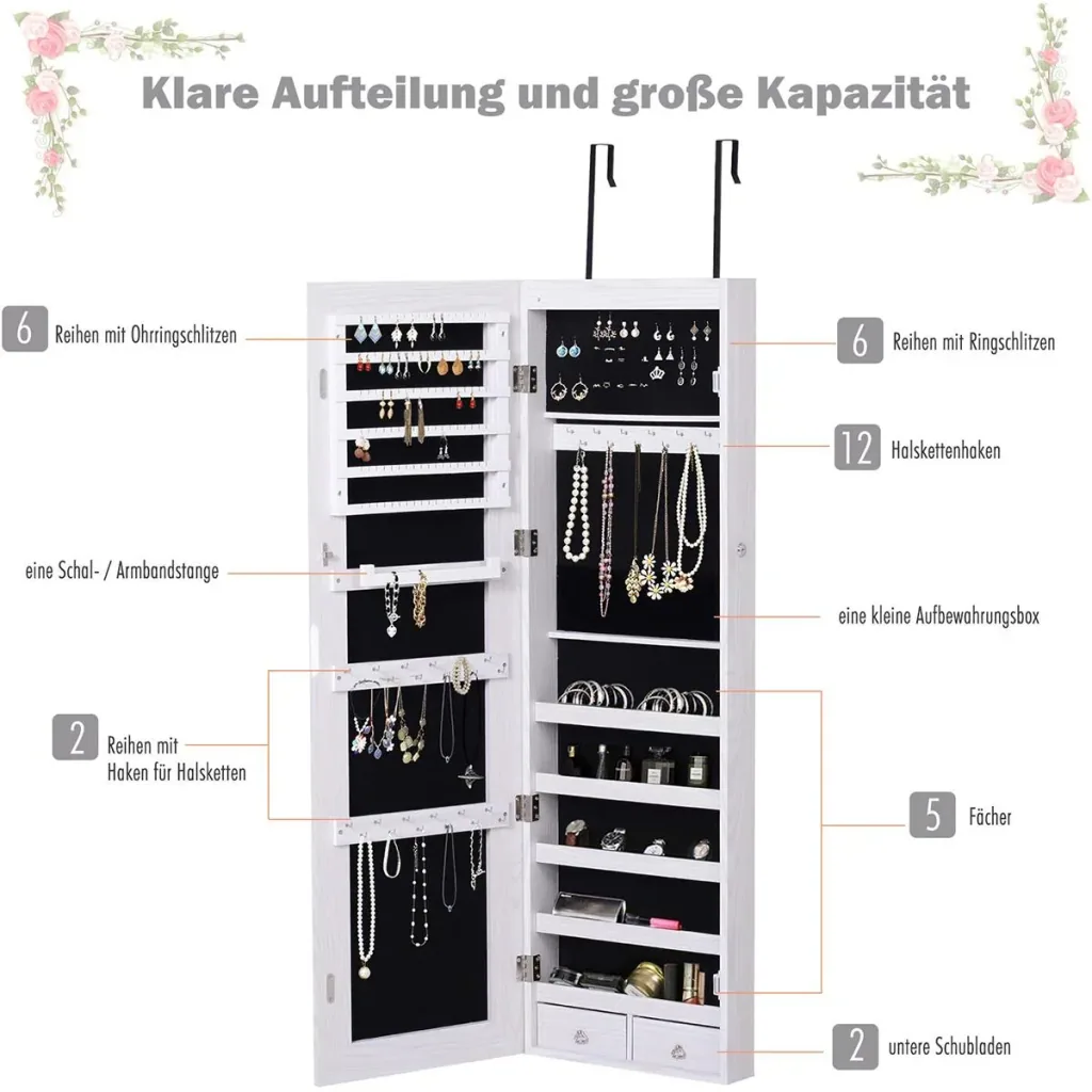 LED jewelry cabinet with mirror light gray