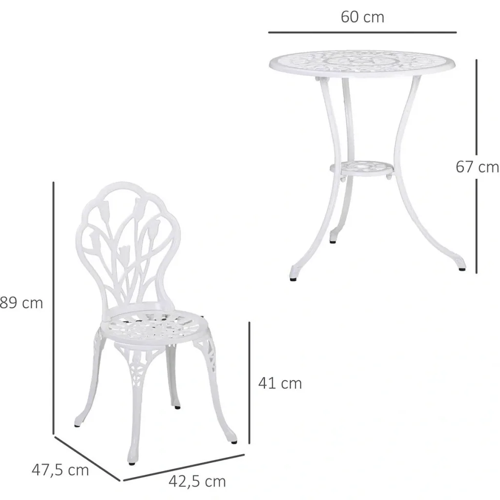 Seating group 3-piece dining group garden furniture set 1 table + 2 chairs with umbrella hole terrace aluminum white Ø60 x 67H cm
