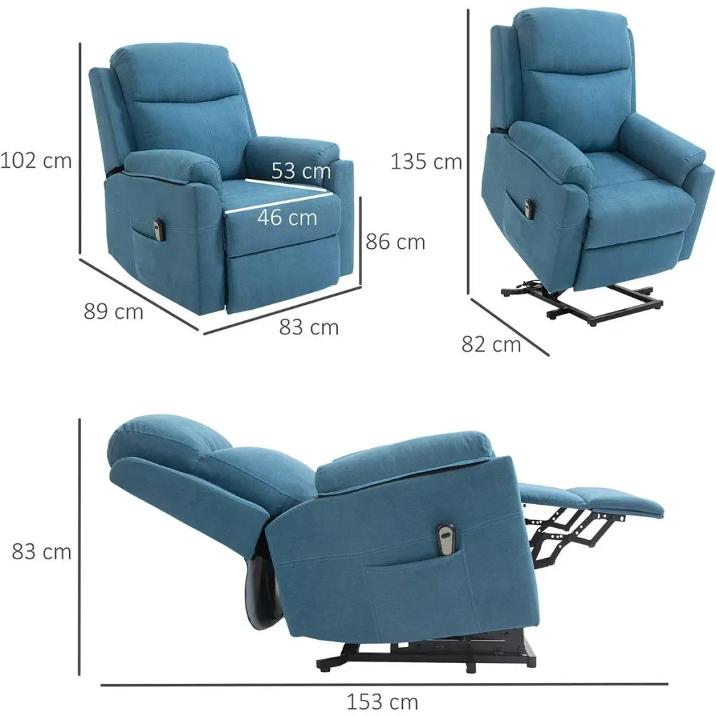 Electric recliner chair with stand-up aid for seniors, recliner chair, TV chair, reclining function, linen-touch blue